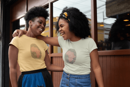 africa embroidery tshirt two friends with t shirts chatting AFROCENTRIC EMBROIDERY DESIGNS AFRICA