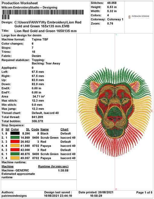 stitch info African red gold and green embroidery lion