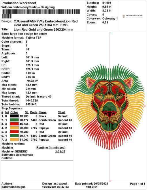 Lion Red Gold and Green 250X204 mm Print.pdf Page 1 AFROCENTRIC EMBROIDERY DESIGNS lion