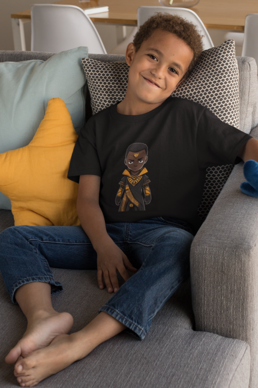 t shirt mockup featuring a smiling kid sitting on a couch 31639 AFROCENTRIC EMBROIDERY DESIGNS BLACK BOY WARRIOR