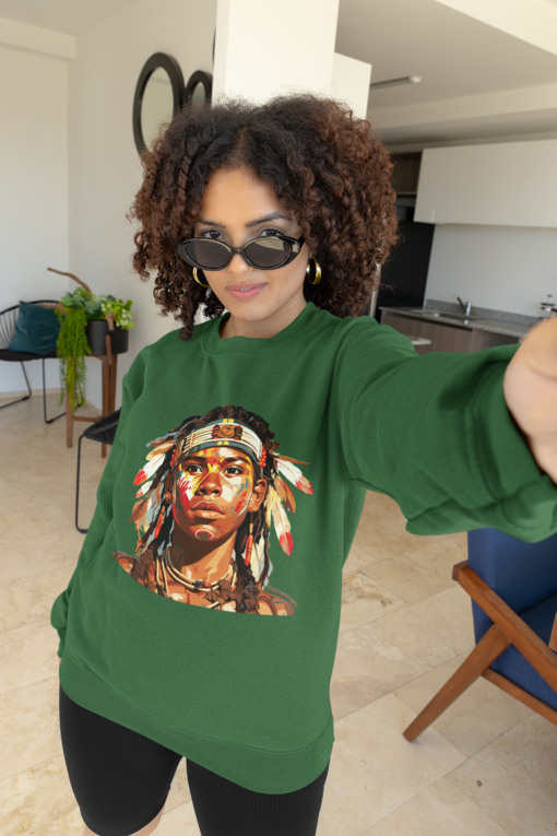 mockup of a curly haired woman taking a selfie in a gildan sweatshirt m31486 AFROCENTRIC EMBROIDERY DESIGNS indigenous