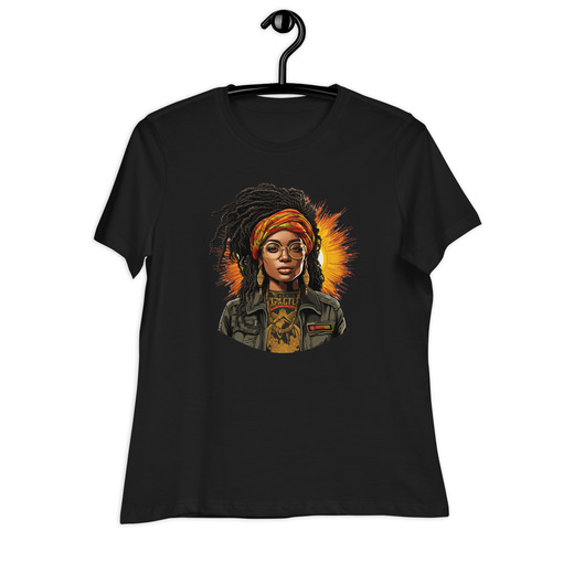 womens relaxed t shirt black front 65e0ed665d0f3 Designs with a unique blend of culture and style. Rasta vibes, Afro futuristic, heritage and Roots & Culture.