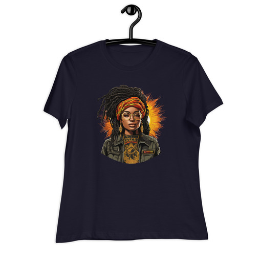 womens relaxed t shirt navy front 65e0ed665a1da Designs with a unique blend of culture and style. Rasta vibes, Afro futuristic, heritage and Roots & Culture.