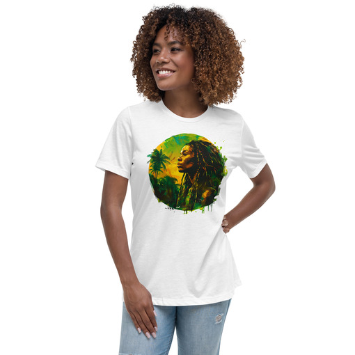 womens relaxed t shirt white front 65e0ee81cc883 Designs with a unique blend of culture and style. Rasta vibes, Afro futuristic, heritage and Roots & Culture.