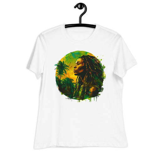 womens relaxed t shirt white front 65e0ee81ccc60 Designs with a unique blend of culture and style. Rasta vibes, Afro futuristic, heritage and Roots & Culture.